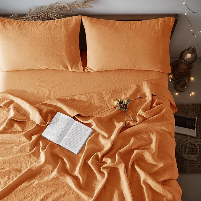 Premium Material LBRO2M Pure Linen Sheet Set Deep Pocket Up to 16 quot Bed Sheets Sets Natural Flax Beddings Soft Breathable Comfortable for All Seasons 4 Pcs Sheet Set Queen Size Orange Top-Quality