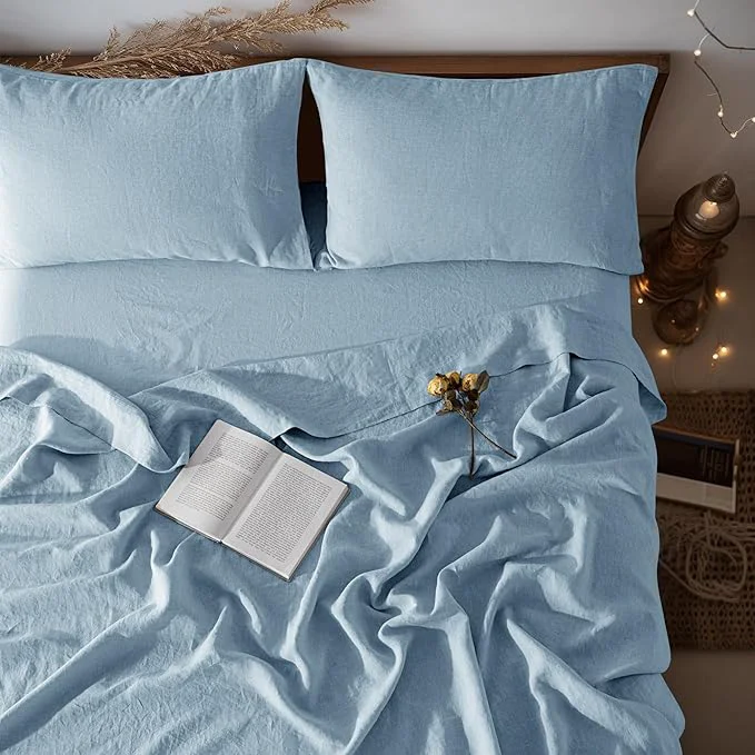 Healthy LBRO2M Pure Linen Sheet Set Deep Pocket Up to 16 quot Bed Sheets Sets Natural Flax Beddings Soft Breathable Comfortable for All Seasons Twin Size Dusty Blue Specialty
