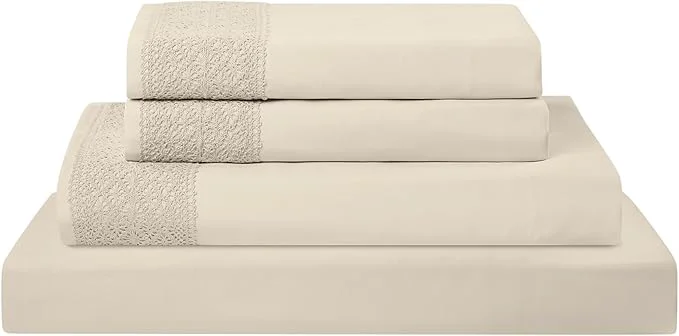 Selected Modern Threads 3 Piece Microfiber Sheet Set – Soft Cooling Bed Sheets with Crochet Lace – Deep Pocket Wrinkle Breathable Hotel Luxury Bedding Beige Twin Secure