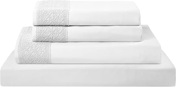 Superior Modern Threads 4 Piece Microfiber Sheet Set – Soft Cooling Bed Sheets with Crochet Lace – Deep Pocket Wrinkle Breathable Hotel Luxury Bedding White King Lightweight