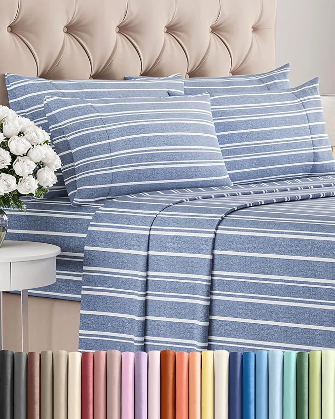 Official Cal King 6 Piece Sheet Set – Comfy Breathable amp Cooling – Soft Hotel Luxury Bedding Set w 8-16 Inch Deep Pockets – 1 Flat amp 1 Fitted Sheet amp 4 Pillowcases – Wrinkle amp Easy Care – Blue Stripes 3 Comfortable
