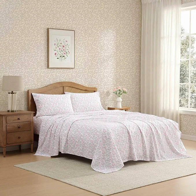 Convenient Laura Ashley – Full Sheet Set Crisp amp Cool Cotton Percale Bedding for Year Round Comfort Deep Pocket Bed Sheets with Matching Pillowcases Blossom Bliss Pink Dependable