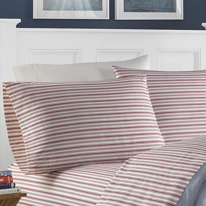Smooth Nautica – Queen Sheets Cotton Percale Bedding Set Casual Home Decor Coleridge Stripe Red Queen Genuine