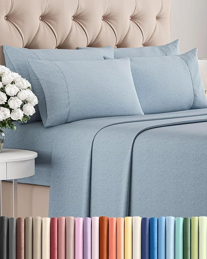 Stylish Full 6 Piece Sheet Set – Comfy Breathable amp Cooling – Soft Hotel Luxury Bedding Set with 8-16 Inch Deep Pockets – 1 Flat amp 1 Fitted Sheet amp 4 Pillowcases – Wrinkle amp Easy Care – Heathered Blue Exceptional