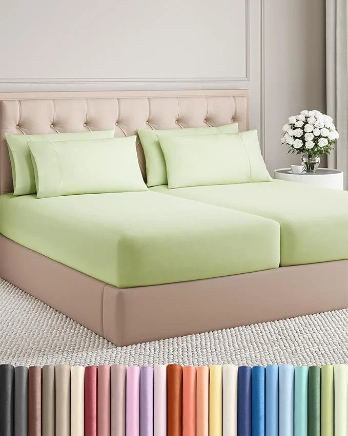 Durable Split King 7 Piece Sheet Set – Comfy Breathable amp Cooling – Soft Hotel Luxury Bedding Set with 8-16 Inch Deep Pockets – 1 Flat amp 2 Fitted Sheet amp 4 Pillowcases – Wrinkle amp Easy Care – Light Sage Safe