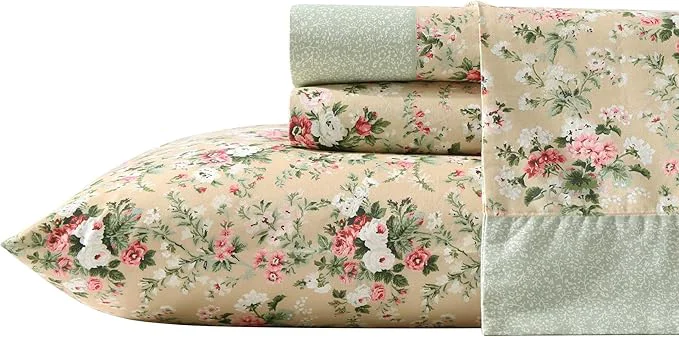 Relaxed Laura Ashley – Queen Sheet Set Breathable Percale Cotton Bedding with Deep Pockets Chic Home Decor Oeko-Tex Serene Dream Brown Queen