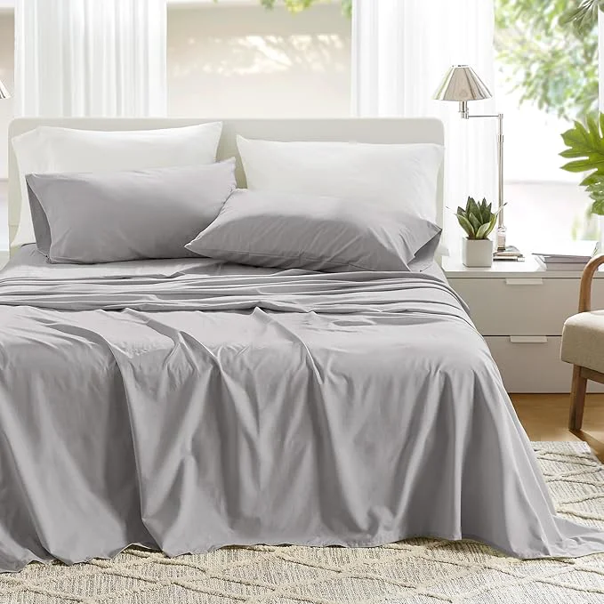 Traditional Comfort Spaces Cotton Sheet Set Breathable Lightweight Soft with 14 quot Elastic Pocket Fits up to 16 quot Mattress All Season Cozy Bedding Matching Pillow Case King Grey 4 Piece Expertly Made