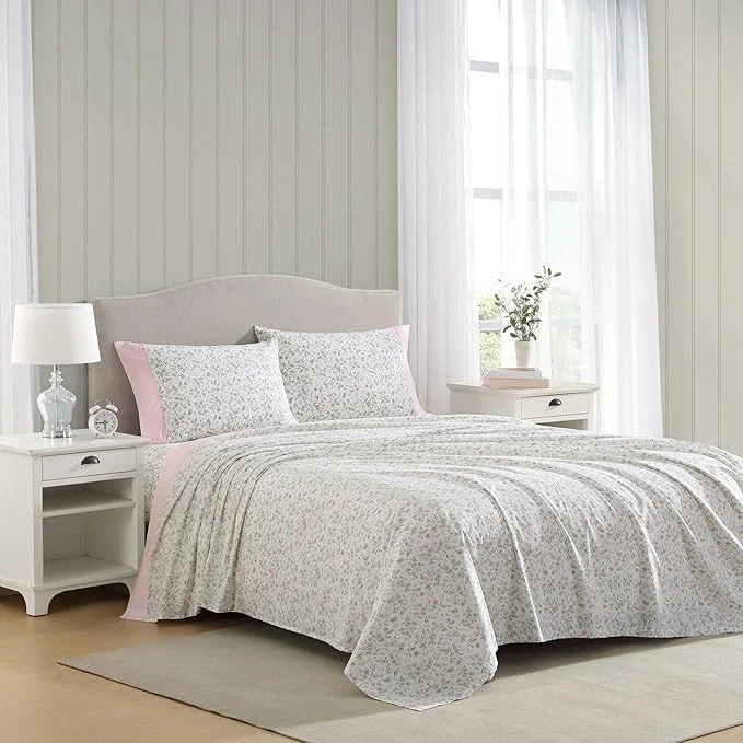 World-Class Laura Ashley – Queen Sheet Set Crisp amp Cool Cotton Percale Bedding with Deep Pockets Lightweight for Year Round Comfort Bed Sheets with Matching Pillowcases Bonnie Pink Beige Authentic