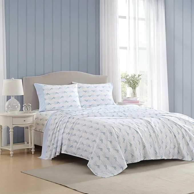 Verified Laura Ashley – Twin Sheet Set Crisp amp Cool Cotton Percale Bedding with Deep Pockets Lightweight for Year Round Comfort Bed Sheets with Matching Pillowcase Floral Ribbon Blue Long-Lasting