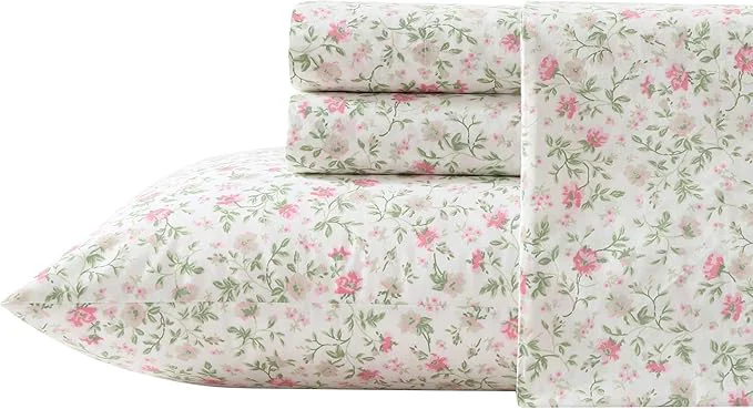 Responsible Laura Ashley – Queen Sheet Set Super Soft Cotton Percale Bedding Set with Matching Shams Oeko-Tex Bonnie Pink Queen Environmentally Friendly
