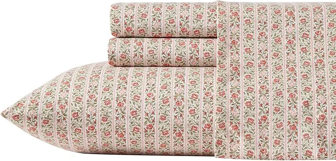 Fashionable Laura Ashley – Queen Sheets Cotton Percale Bedding Set Lightweight amp Breathable Home Decor Oeko-Tex Marta Stripe Pink Queen Pure