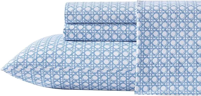Artisan Tommy Bahama – Queen Bed Sheets Crisp amp Cool Cotton Percale Bedding with Matching Pillowcases Lightweight Bed Set Oeko-Tex Bahama Isle Blue Excellent