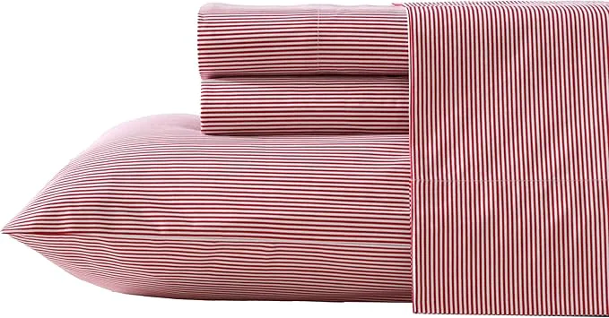 Pure Nautica – King Sheet Set Lightweight amp Breathable Cotton Percale Bedding Set with Matching Sham s Crisp amp Cool Bedding Essentials Oeko-Tex Penny Pinstripe Red King Environmentally Friendly