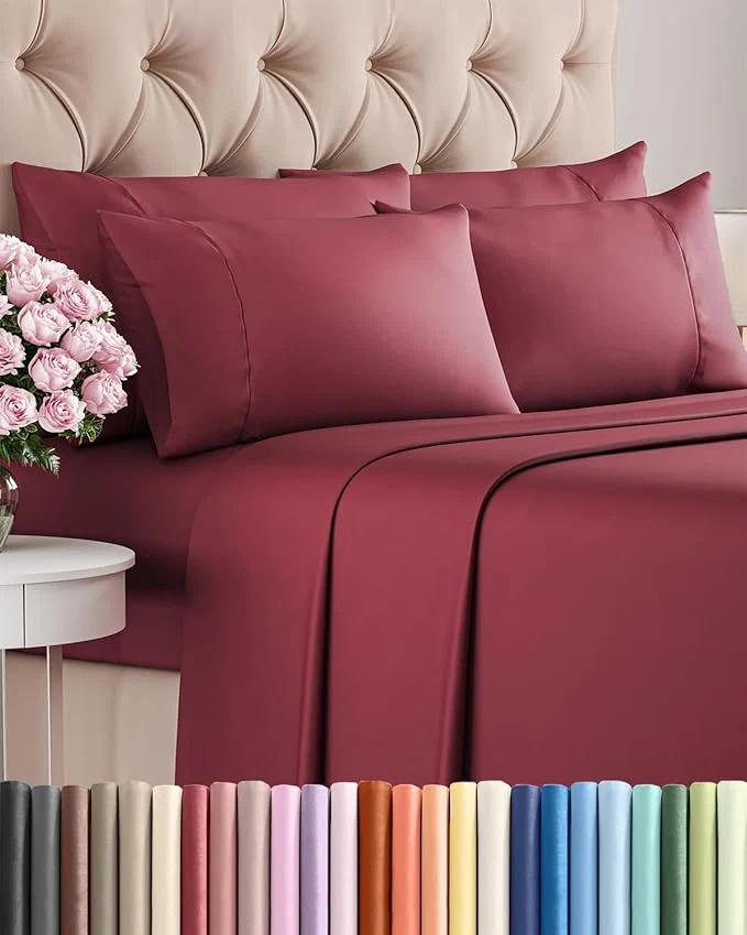 Stylish Cal King 6 Piece Sheet Set – Comfy Breathable amp Cooling – Ultra-Soft Hotel Luxury Bedding Set w 8-16 Inch Deep Pockets – 1 Flat amp 1 Fitted Sheet amp 4 Pillowcases – Wrinkle amp Easy Care – Burgundy Fast