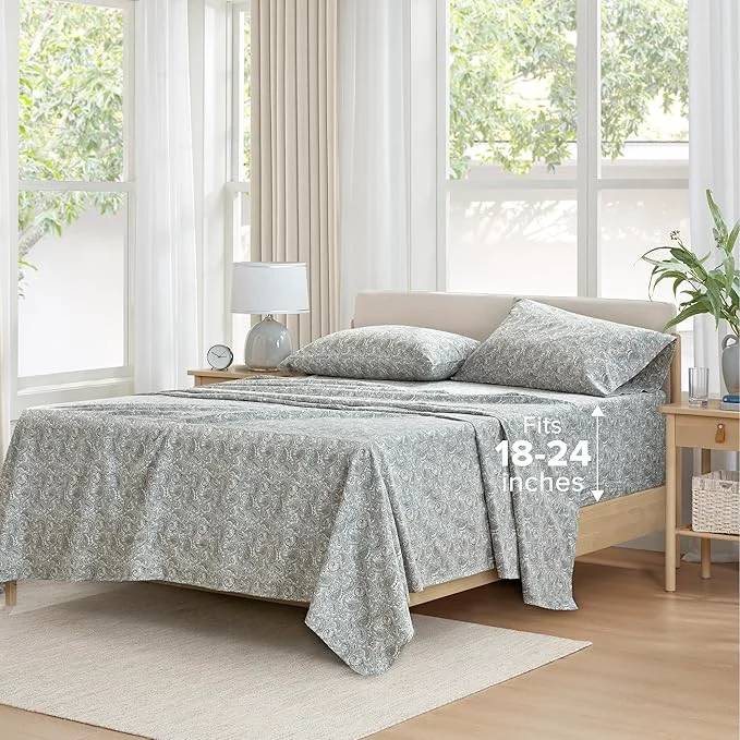 Superior Comfort Spaces Extra Deep Pocket Cotton King Fits up to 24 quot Mattress Breathable Naturally Cool Cotton Soft Cotton Sheets All Seasons Sheet Set Paisley 4 Piece High-End