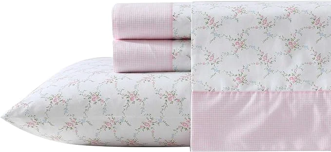Functional Laura Ashley – Sheet Set Breathable Percale Cotton Bedding 200 Thread Count Deep Pocket Chic Home Decor Lynda Pink Twin Solid