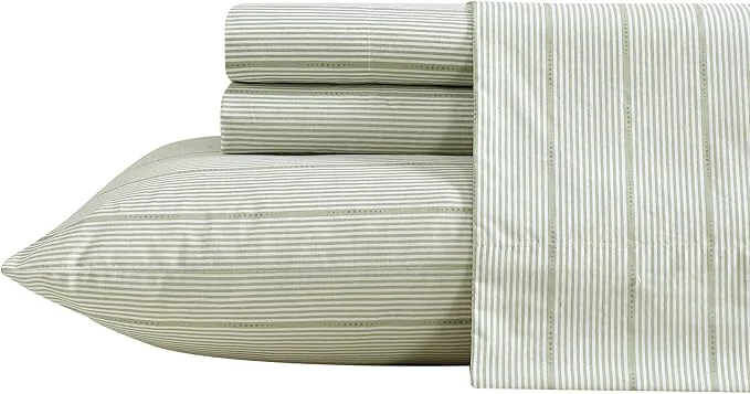 Smart Nautica – Twin XL Size Sheets Set Crisp amp Tailored Floral Bedding with a Smooth Cotton Percale Bed Sheets with Matching Pillowcase amp Fitted Sheet Ellipse Stripe Green Traditional