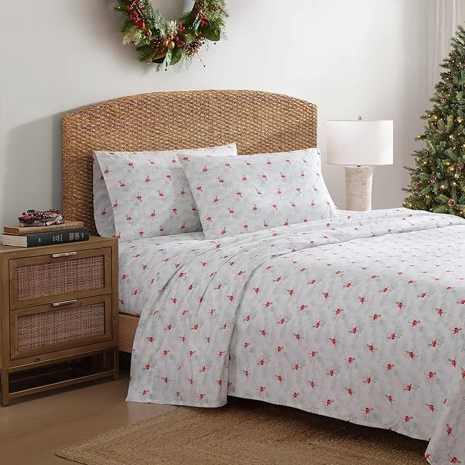 Fine Crafted Tommy Bahama – Queen Size Sheet Set Crisp amp Cool Cotton Percale Bedding with a Smooth Lightweight Feel 4 Piece Holiday Bed Sheets with Matching Pillowcases Flamingo Santa Red Specialty