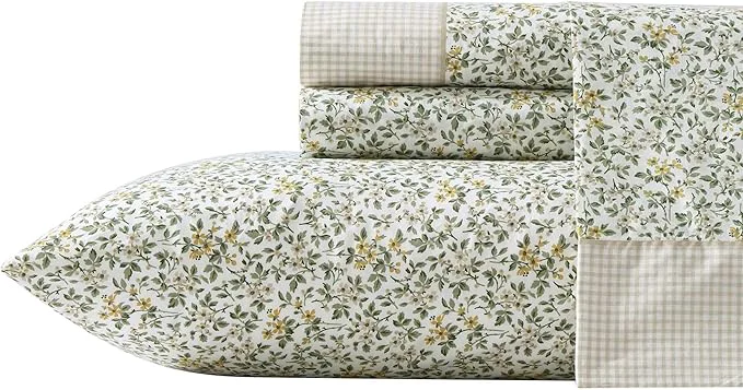 Fashionable Laura Ashley – King Sheet Set Breathable Percale Cotton Bedding with Deep Pockets Chic Home Decor Oeko-Tex Tierney Green King Optimized