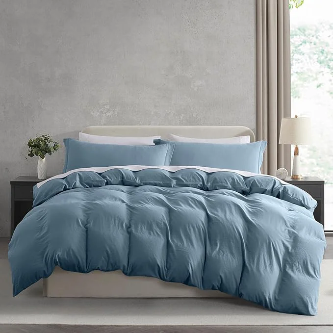 World-Class Nestl Stone Blue Duvet Cover Queen Size – Soft Prewashed Queen Duvet Cover Set 3 Piece with Zipper Closure 1 Duvet Cover 90×90 inches and 2 Pillow Shams Official