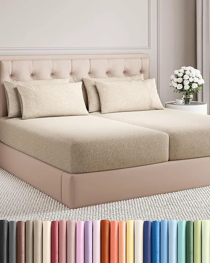 Classic Split King 7 Piece Sheet Set – Comfy Breathable amp Cooling – Soft Hotel Luxury Bedding Set w 8-16 Inch Deep Pockets – 1 Flat amp 2 Fitted Sheet amp 4 Pillowcases – Cozy amp Wrinkle – Heathered Beige Fast