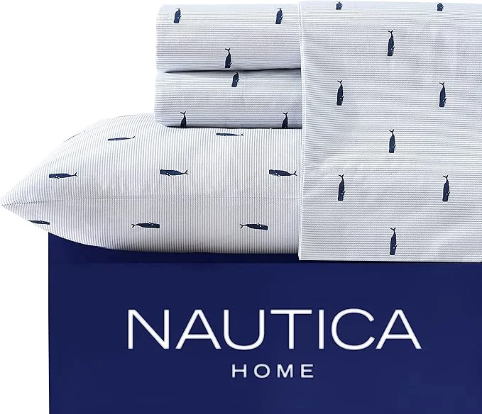 Sophisticated Nautica – Twin XL Sheets Cotton Percale Bedding Set Fully Elasticized I Dorm Essentials Whale Stripe Blue Twin XL Fine