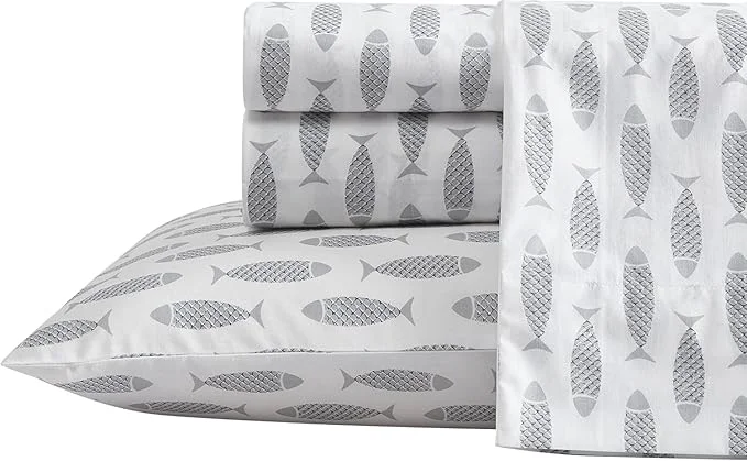 Environmentally Friendly Nautica – Queen Sheets Cotton Percale Bedding Set Crisp amp Cool Coastal Home Decor Woodblock Fish Grey Queen Lightweight