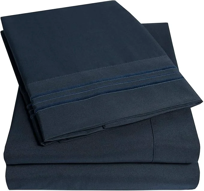 Certified 1500 Supreme Collection Twin XL Sheet Sets Navy Blue – 3 Piece Bed Sheets and Pillowcase Set for Twin XL Mattress – Extra Soft Elastic Corner Straps Deep Pocket Sheets Twin XL Navy Blue Reliable