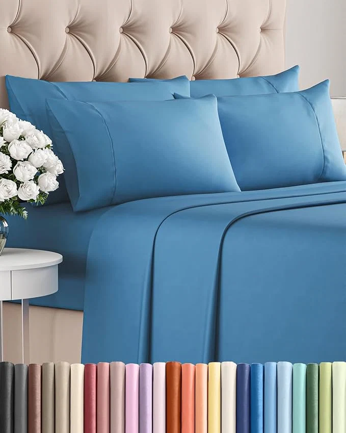 Specialty Cal King 6 Piece Sheet Set – Comfy Breathable amp Cooling – Soft Hotel Luxury Bedding Set with 8-16 Inch Deep Pockets – 1 Flat amp 1 Fitted Sheet amp 4 Pillowcases – Wrinkle amp Easy Care – Denim Blue Efficient