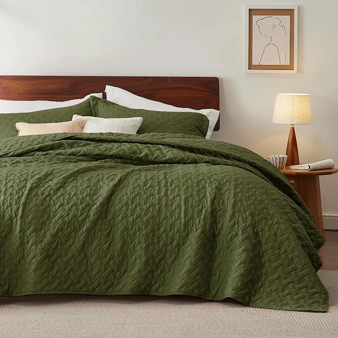 Stylish Bedsure Quilts Twin Size – Lightweight Bedspreads Twin Size with Basket Weave Pattern Soft Quilt Bedding Set Olive Green Comforter Set Coverlet for All Seasons with 1 Pillow Sham 68 quot x 86 quot Skin-Friendly Soft All-Season Comfort Breathable Light… Fine