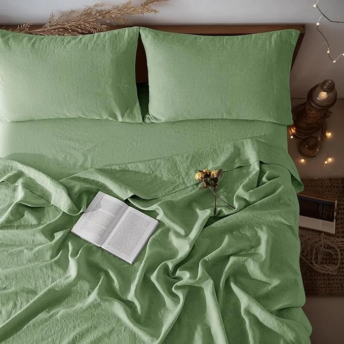 Secure LBRO2M Pure Linen Sheet Set Deep Pocket Up to 16 quot Bed Sheets Sets Natural Flax Beddings Soft Breathable Comfortable for All Seasons 4 Pcs Sheet Set Queen Size Green Durable