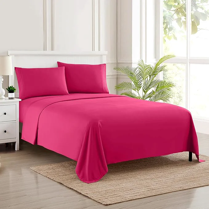 Fashionable RV Short Queen Sheet Set with Built-In Sheet Straps -✅ Deep Pocket Recreational Vehicle Camper Size Fitted Sheet Flat Sheet amp Pillowcases -✅ Soft Wrinkle- Secure Fit -✅ Fuschia High-End