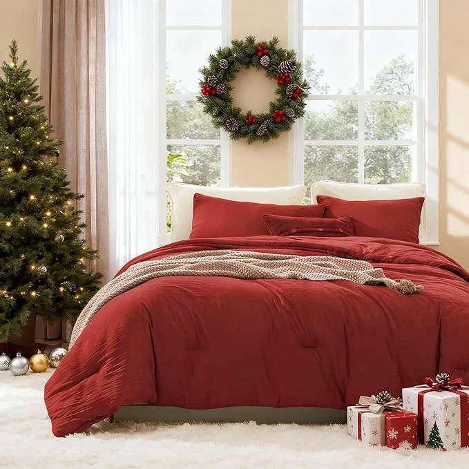 Detailed WRENSONGE Full Size Comforter Sets – 3 Pieces Bright Red Comforter Prewashed Soft Lightweight for All Seasons Fluffy Down Comforter Full Size with 2 Pillow Shams Trendy