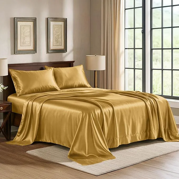 Fine Crafted Satin Sheets Queen 4-Piece Gold Hotel Luxury Silky Bed Sheets – Extra Soft 1800 Microfiber Sheet Set Wrinkle Fade Stain Resistant – Deep Pocket Fitted Sheet Flat Sheet Pillow Cases Optimized