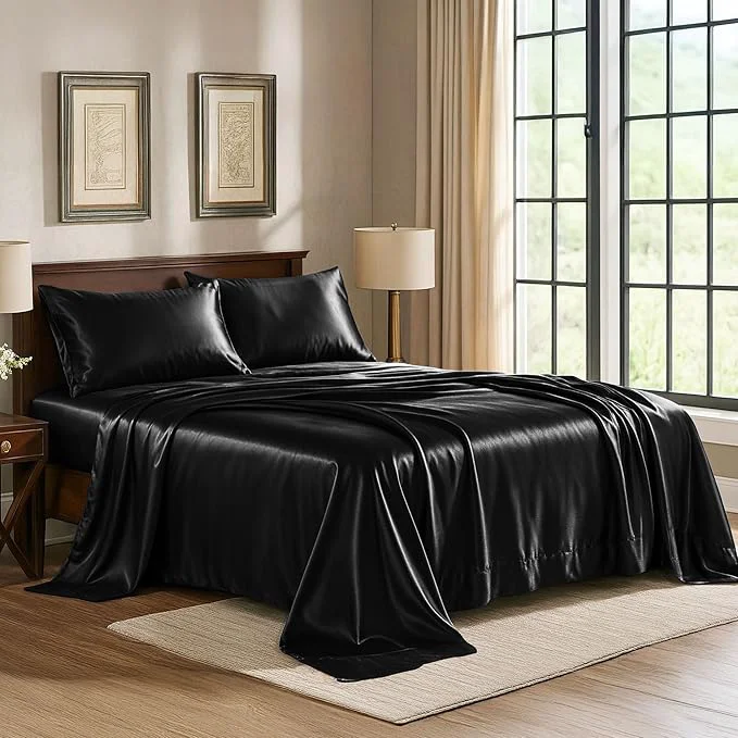 High-End Satin Sheets California King 4-Piece Black Luxury Silky Bed Sheets – Extra Soft 1800 Microfiber Sheet Set Wrinkle Fade Stain Resistant – Deep Pocket Fitted Sheet Flat Sheet Pillow Cases Unique