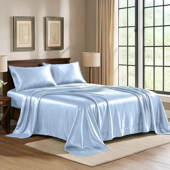 Reliable Satin Sheets Queen 4-Piece Baby Blue Hotel Luxury Silky Bed Sheets – Extra Soft 1800 Microfiber Sheet Set Wrinkle Fade Stain Resistant – Deep Pocket Fitted Sheet Flat Sheet Pillow Cases Classic