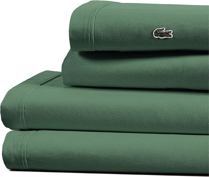 High-Performance Lacoste Cotton Percale 4-Piece Sheet Set – Cool Crisp Matte and Durable Oeko-Tex – Solid Green Queen Professional