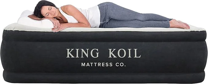 Crafted King Koil Luxury Pillow Top Plush Queen Air Mattress with High-Speed Built-in Pump Blow Up Bed Top Side Flocking Puncture Resistant Double High Inflatable Airbed Guests amp Travel 1-Year Warranty Soft
