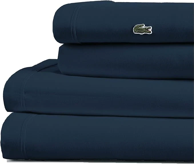 World-Class Lacoste Cotton Percale 4-Piece Sheet Set – Cool Crisp Matte and Durable Oeko-Tex – Solid Navy King Fast