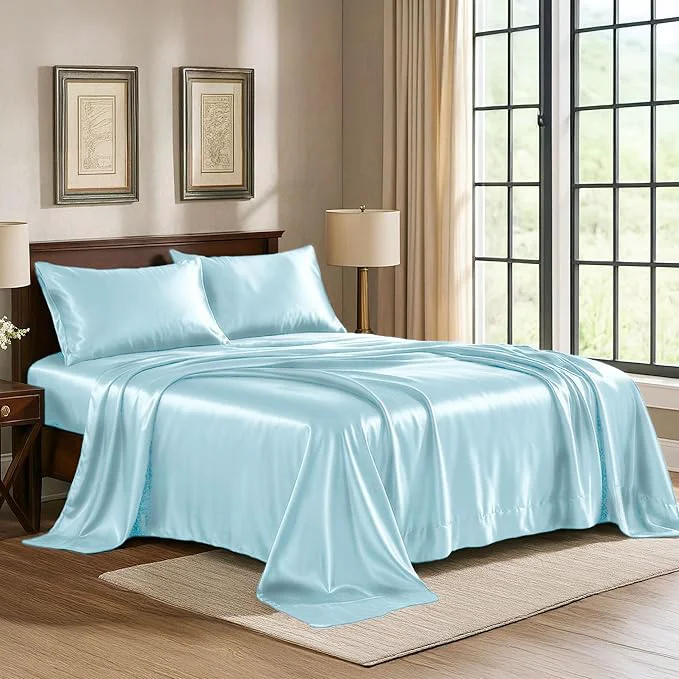 High-Quality Satin Sheets King 4-Piece Skyblue Hotel Luxury Silky Bed Sheets – Extra Soft 1800 Microfiber Sheet Set Wrinkle Fade Stain Resistant – Deep Pocket Fitted Sheet Flat Sheet Pillow Cases Next-Generation