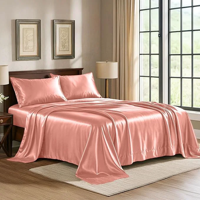Outstanding Satin Sheets California King 4-Piece Blush Pink Hotel Luxury Silky Bed Sheets – Extra Soft Microfiber Sheet Set Wrinkle Fade Stain Resistant – Deep Pocket Fitted Sheet Flat Sheet Pillow Cases Sophisticated