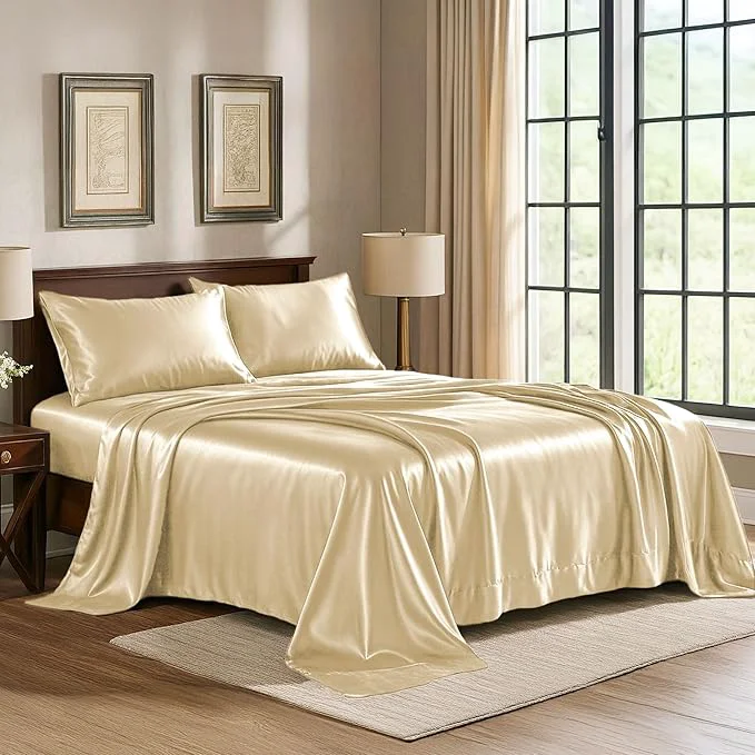 Versatile Satin Sheets King 4-Piece Ivory Hotel Luxury Silky Bed Sheets – Extra Soft 1800 Microfiber Sheet Set Wrinkle Fade Stain Resistant – Deep Pocket Fitted Sheet Flat Sheet Pillow Cases Classic