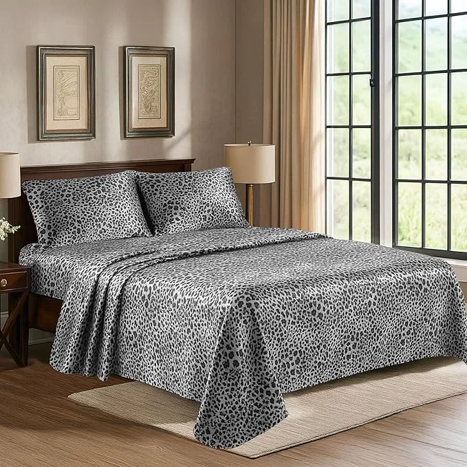 Easy-to-Use Satin Sheets California King 4-Piece Silver Leopard Silky Bed Sheets – Extra Soft 1800 Microfiber Sheet Set Wrinkle Fade Stain Resistant – Deep Pocket Fitted Sheet Flat Sheet Pillow Cases Comfortable