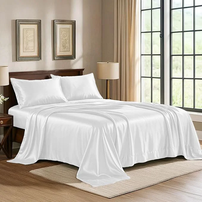 Advanced Satin Sheets California King 4-Piece White Luxury Silky Bed Sheets – Extra Soft 1800 Microfiber Sheet Set Wrinkle Fade Stain Resistant – Deep Pocket Fitted Sheet Flat Sheet Pillow Cases Environmentally Friendly