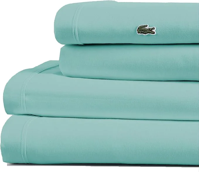 Selected Lacoste Cotton Percale 3-Piece Sheet Set – Cool Crisp Matte and Durable Oeko-Tex – Solid Water Blue Twin XL Sophisticated
