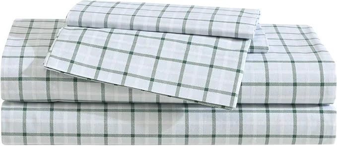 Pure Eddie Bauer – King Sheet Set Premium Cotton Percale Bedding Set Plaid Home Decor Oeko-Tex Classic Tattersall Plaid Green King Clean