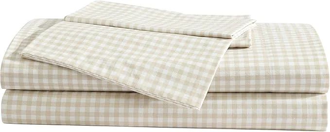 Unique Eddie Bauer – Sheet Set Cotton Percale Bedding with Matching Pillowcase Crisp amp Breathable 200-Thread Count Classic Comfort Essentials Little Gingham Beige King Enhanced