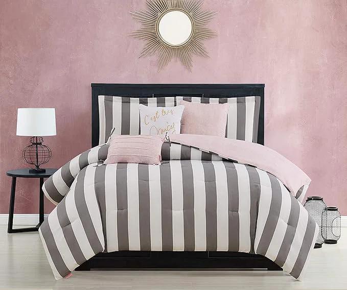Top-Quality Juicy Couture – Comforter Set Cabana Stripe Design Twin Bedding 5 Piece Set Includes 1 Comforter 1 Sham and 3 Decorative Pillows Microfiber Polyester Wrinkle Resistant Certified