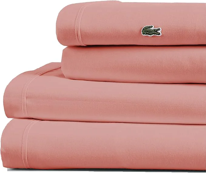 Expertly Made Lacoste Cotton Percale 4-Piece Sheet Set – Cool Crisp Matte and Durable Oeko-Tex – Solid Canyon Orange Queen Eco-Friendly