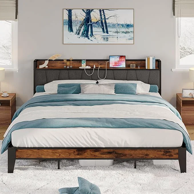 Proven LIKIMIO California King Bed Frames Storage Headboard with Charging Station Solid and Stable Noise No Box Spring Needed Easy Assembly Innovative